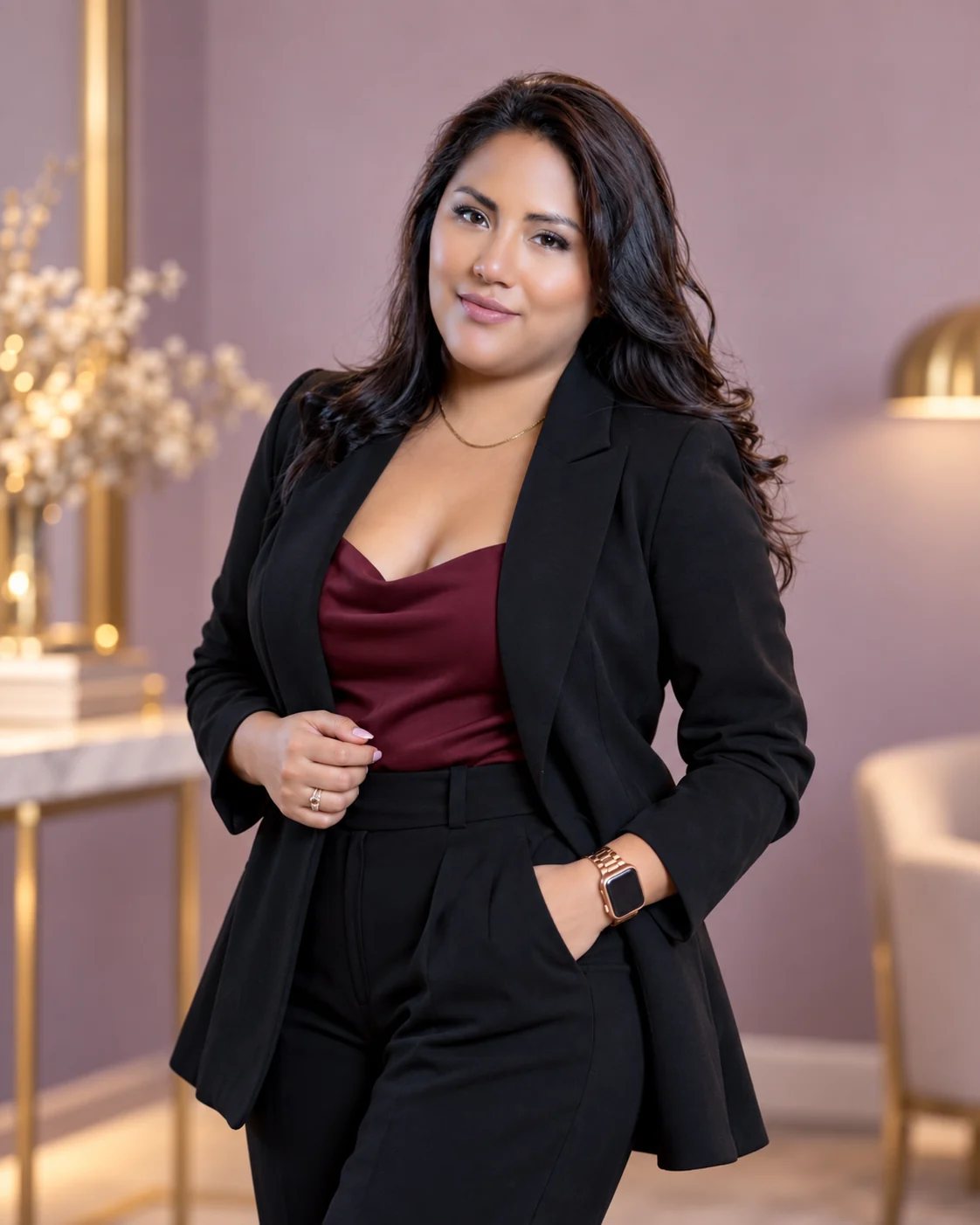 Micaela Huacallo Lagos de pie con blazer negro